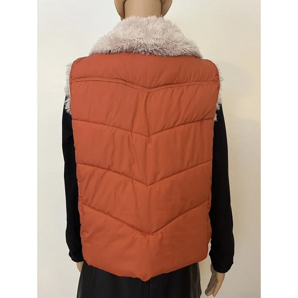 Vintage Y2K Baileys Point Orange Quilted Puffer Faux Fur Trim Womens Vest Size L